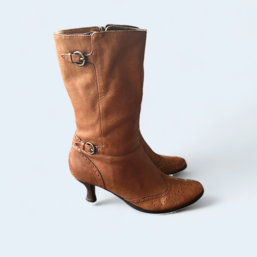 Nicole Leather Lippy Boot 9M Tan Brown Wingtip Toe Full Side Zip Western Detail